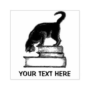 Black Cat on Books Rubber Stamp