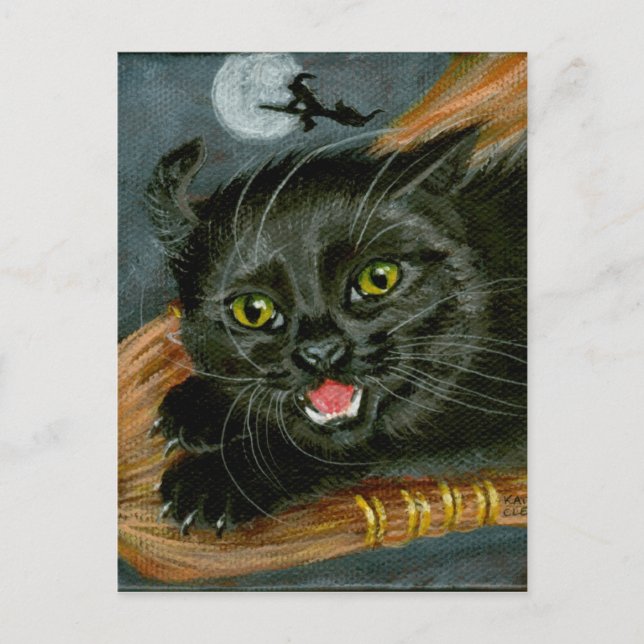 Black Cat on Broom Halloween Postcard (Front)