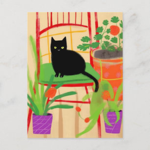Black Cat on Chair Vintage Flower Painting Postcard