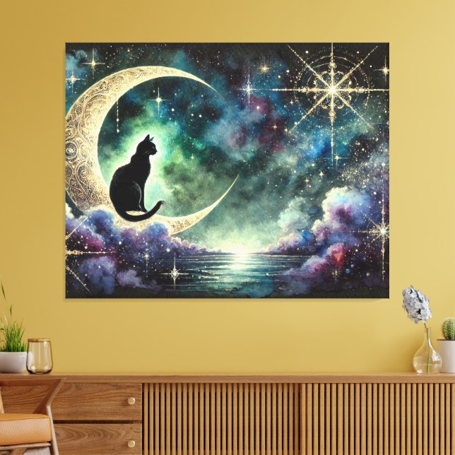 Black Cat on Crescent Moon with Starry Night Sky Canvas Print (Insitu(LivingRoom))