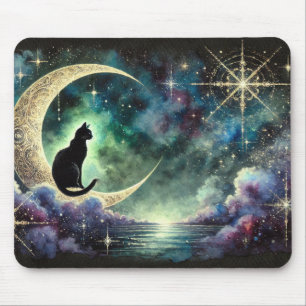Black Cat on Crescent Moon with Starry Night Sky Mouse Mat