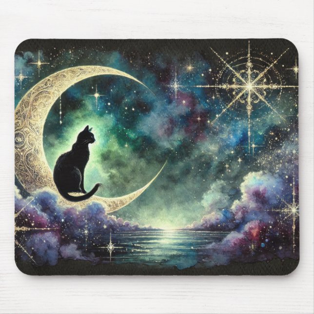 Black Cat on Crescent Moon with Starry Night Sky Mouse Mat (Front)