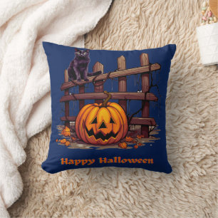 Black Cat on Fence Jack-O' Lantern Happy Halloween Cushion