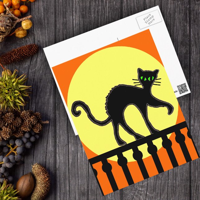 Black Cat On Fence Postcard (Halloween black cat arched back on black fence yellow moon on orange postcard.)
