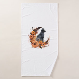 Black Cat On Floral Moon Pumpkin Black Cat Hallowe Bath Towel