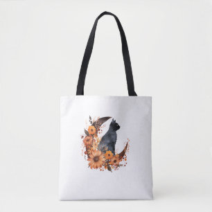 Black Cat On Floral Moon Pumpkin Black Cat Hallowe Tote Bag