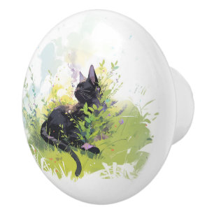 Black Cat on Grass Ceramic Pull