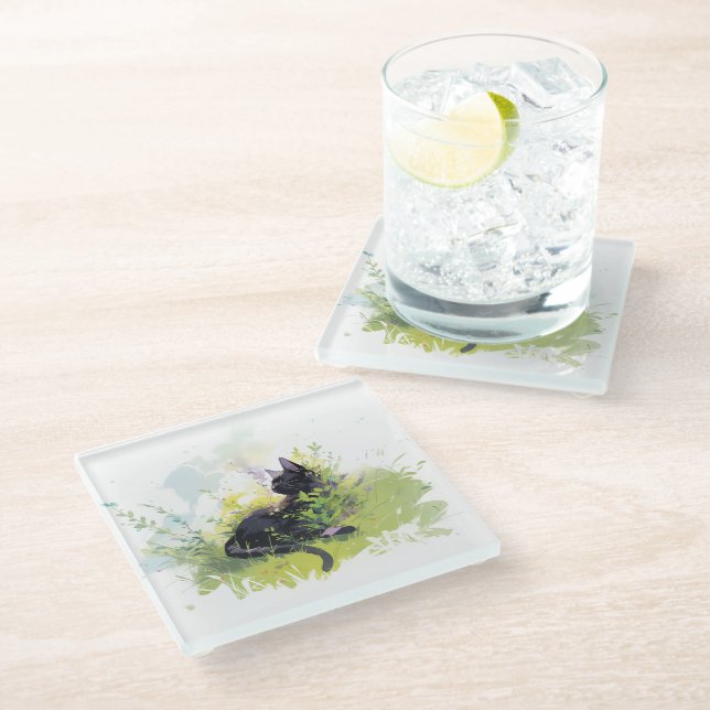 Black Cat on Grass Glass Coaster (Angled)