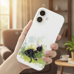 Black Cat on Grass iPhone 16 Case