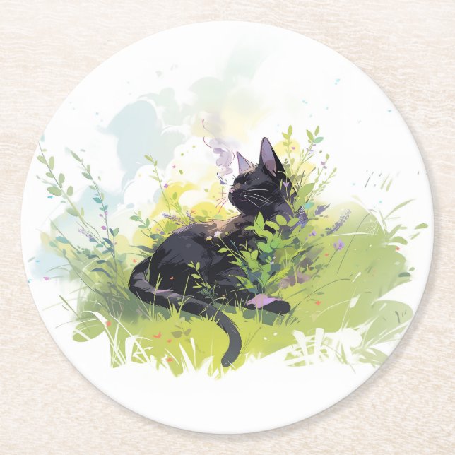 Black Cat on Grass Paper Coaster (Front)