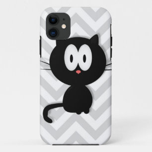 Black Cat on grey chevron iPhone 11 Case