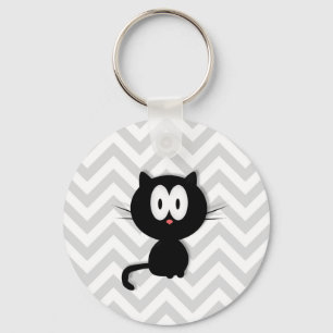 Black Cat on grey chevron Key Ring