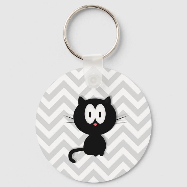 Black Cat on grey chevron Key Ring (Front)