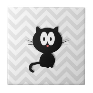 Black Cat on grey chevron Tile