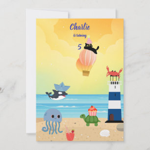 Black Cat on Hot Air Balloon Sea Animals birthday Invitation