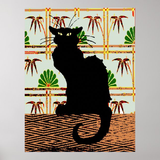 Black Cat on Japanese Wall Paper, Poster (Front)