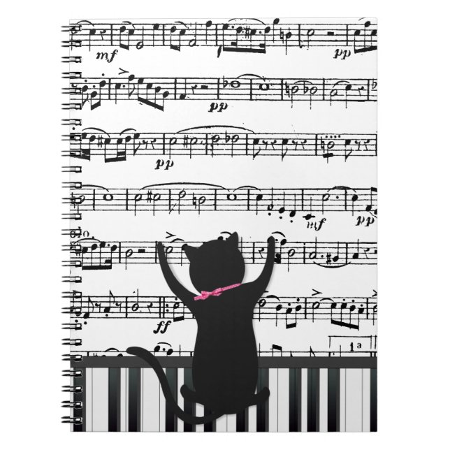 Black Cat On Piano Keys Notebook (Front)
