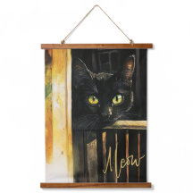Black Cat on Porch Wood Topped Tapestry Wall Art