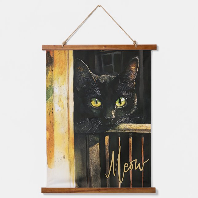 Black Cat on Porch Wood Topped Tapestry Wall Art (Front)