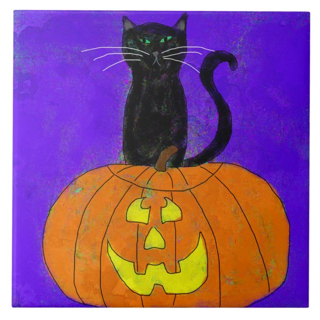Black Cat on Pumpkin Abstract Halloween Art Tile (Front)