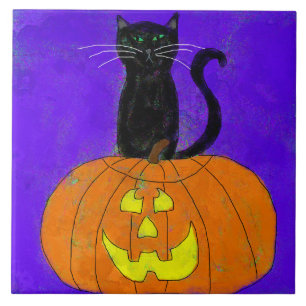 Black Cat on Pumpkin Abstract Halloween Art Tile