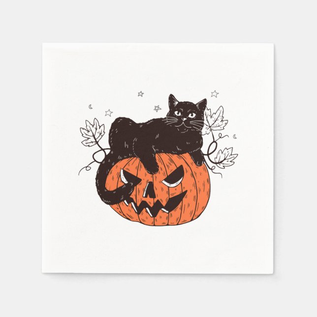 Black Cat On Pumpkin Face Halloween Costume Spooky Napkin (Front)