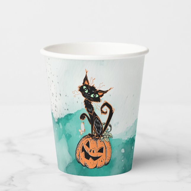 Black Cat on Pumpkin Halloween Paper cup (Front)