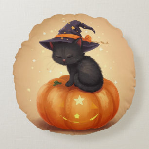 Black Cat on Pumpkin Halloween Round Pillow