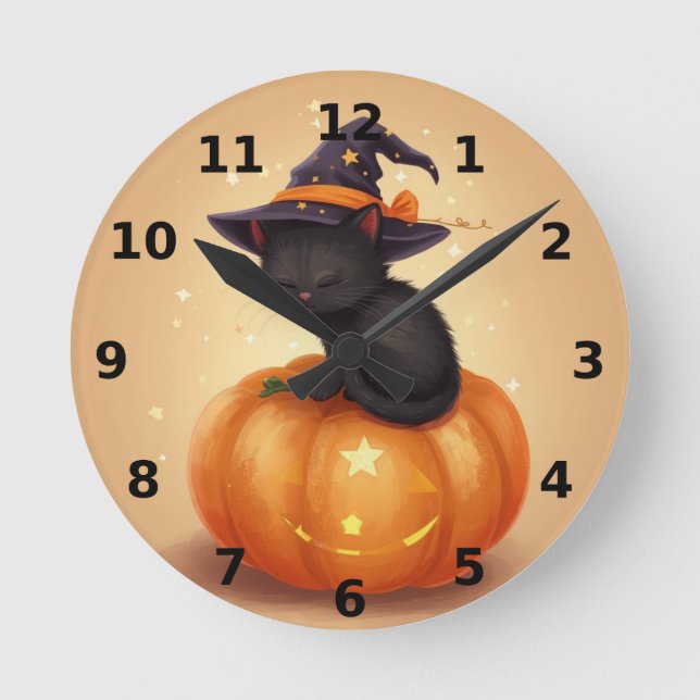 Black Cat on Pumpkin Halloween Wall Clock (Front)