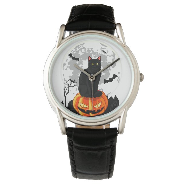 Black Cat On Pumpkin T-Shirt - Full Moon Halloween Watch (Front)