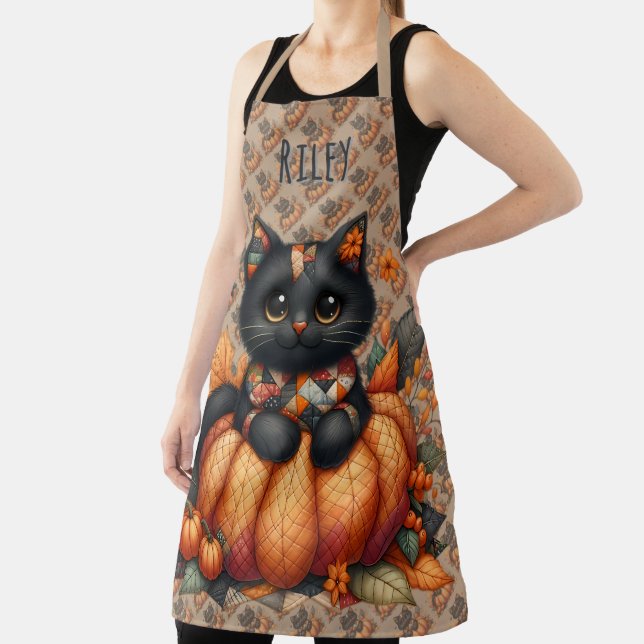 Black Cat on Pumpkin with Autumn Quilt Pattern Apron (Insitu)