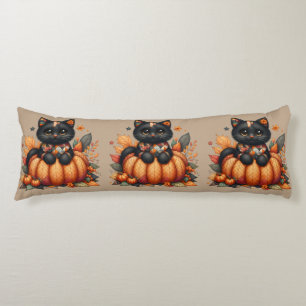 Black Cat on Pumpkin with Autumn Quilt Pattern Body Cushion