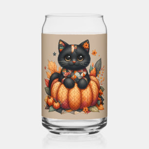 Black Cat on Pumpkin with Autumn Quilt Pattern Can Glass