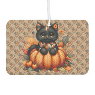 Black Cat on Pumpkin with Autumn Quilt Pattern Car Air Freshener
