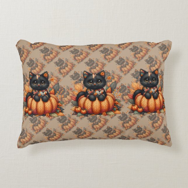 Black Cat on Pumpkin with Autumn Quilt Pattern Decorative Cushion (Front)