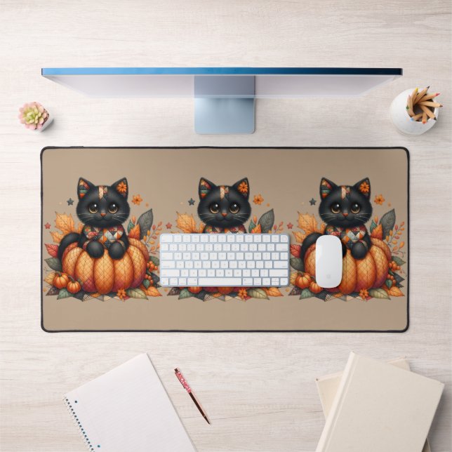 Black Cat on Pumpkin with Autumn Quilt Pattern Desk Mat (Office 1)