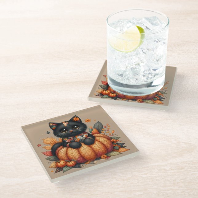 Black Cat on Pumpkin with Autumn Quilt Pattern Glass Coaster (Angled)