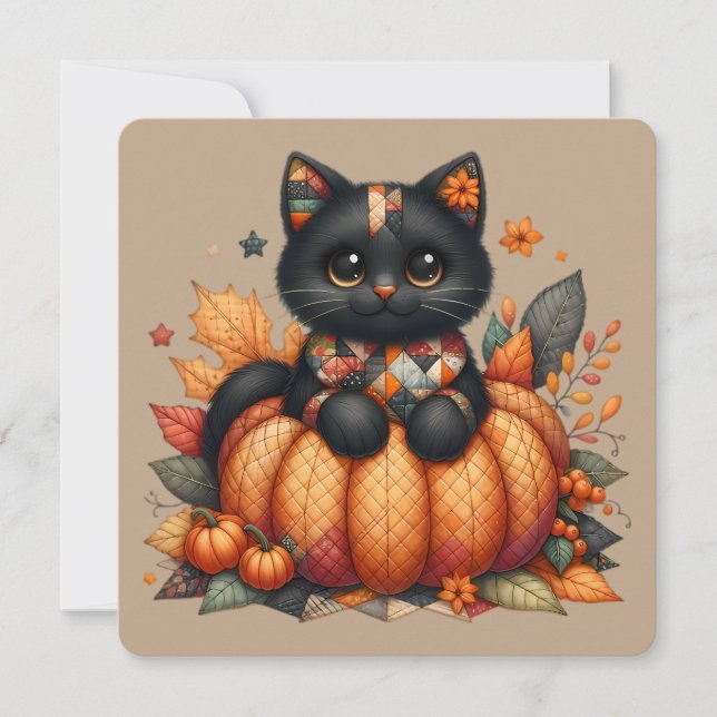 Black Cat on Pumpkin with Autumn Quilt Pattern Invitation (Front)