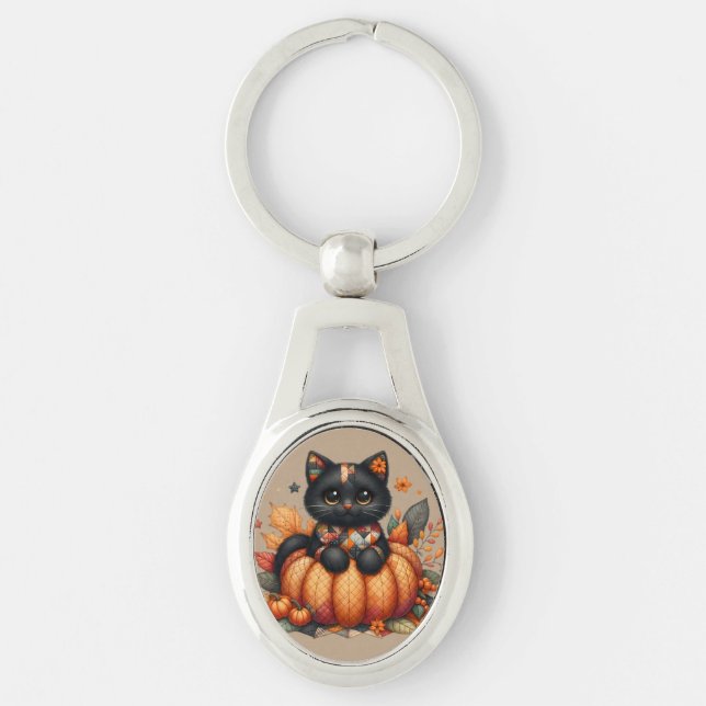 Black Cat on Pumpkin with Autumn Quilt Pattern Key Ring (Front)