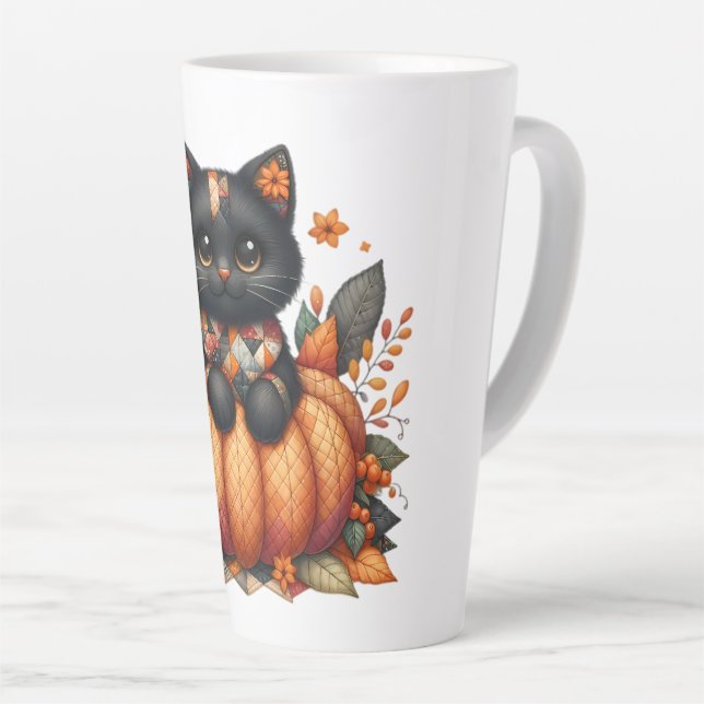 Black Cat on Pumpkin with Autumn Quilt Pattern Latte Mug (Right Angle)