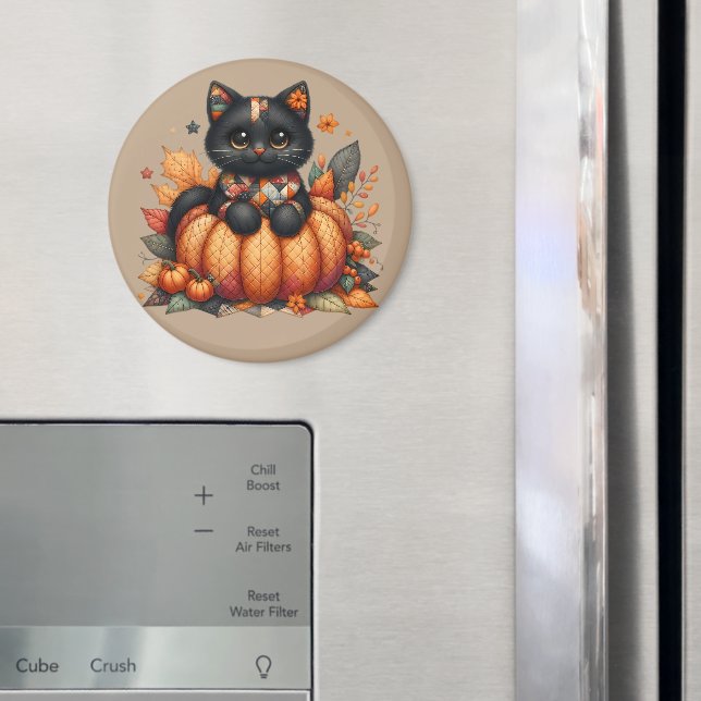 Black Cat on Pumpkin with Autumn Quilt Pattern Magnet (In Situ (Fridge))