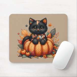 Black Cat on Pumpkin with Autumn Quilt Pattern Mouse Mat