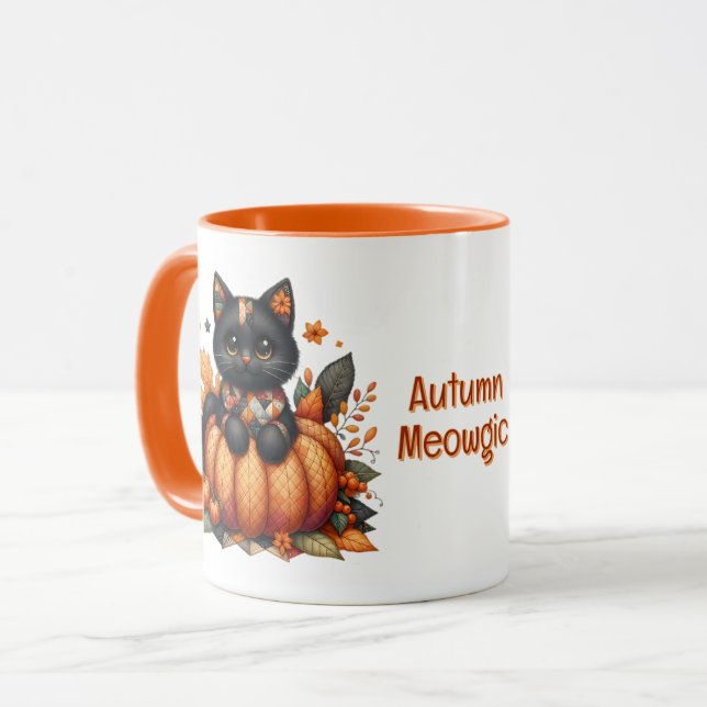 Black Cat on Pumpkin with Autumn Quilt Pattern Mug (Front Left)