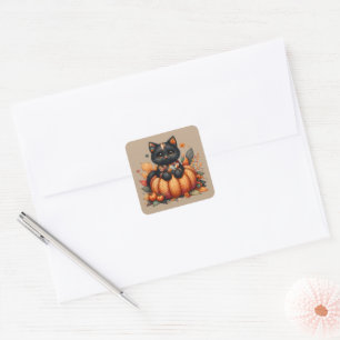 Black Cat on Pumpkin with Autumn Quilt Pattern Square Sticker
