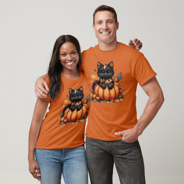 Black Cat on Pumpkin with Autumn Quilt Pattern T-Shirt (Unisex)