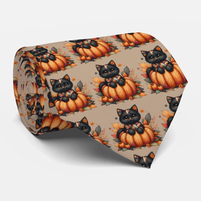 Black Cat on Pumpkin with Autumn Quilt Pattern Tie (Rolled)