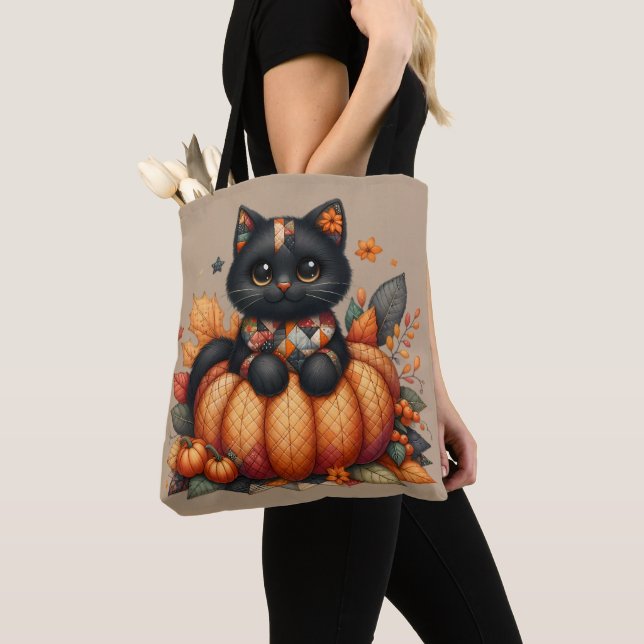 Black Cat on Pumpkin with Autumn Quilt Pattern Tote Bag (Close Up)