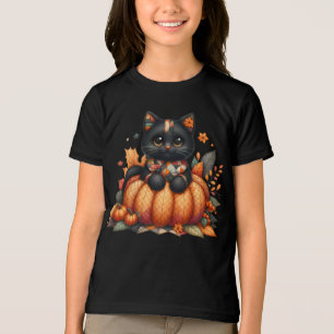 Black Cat on Pumpkin with Autumn Quilt Pattern Tri-Blend Shirt