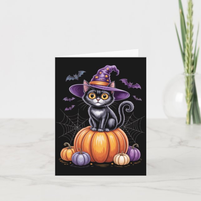 Black Cat On Pumpkin With Witch Hat Halloween Card (Front)