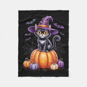Black Cat On Pumpkin With Witch Hat Halloween Fleece Blanket
